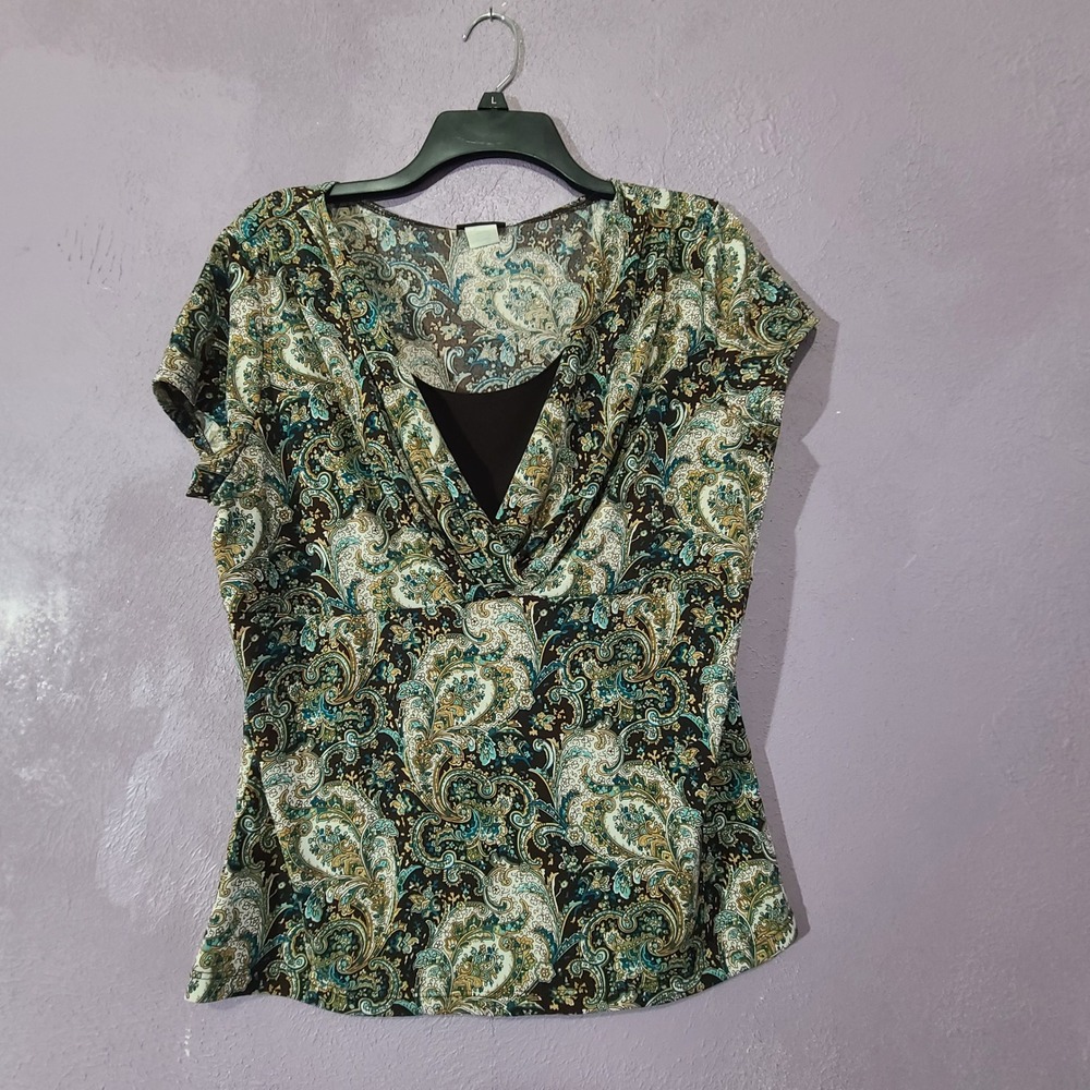 Perception Concept Blouse Women XL Brown Teal Paisley Y2K Surplice Top Baby Doll